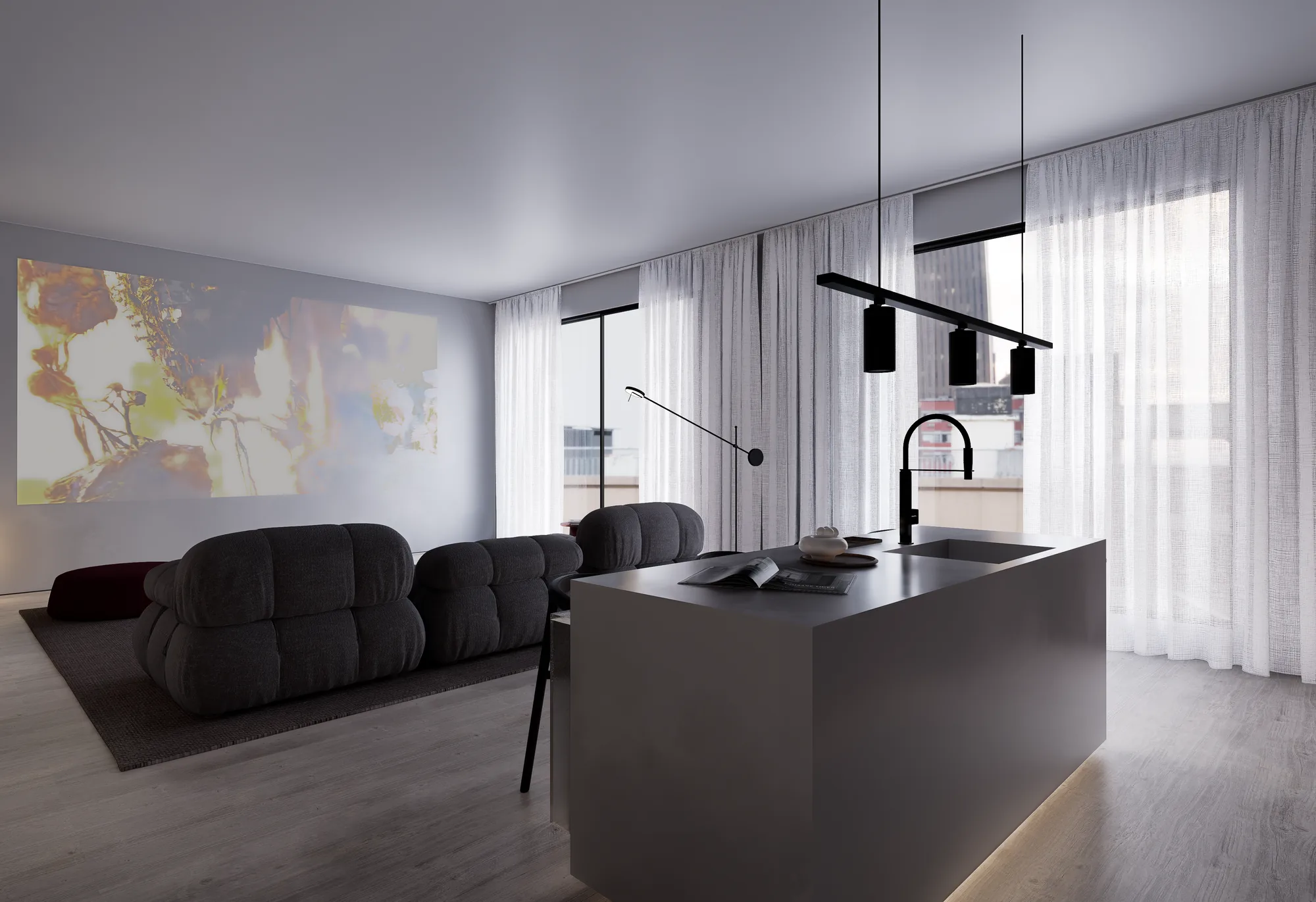 Gros plan — îlot central et finitions de la cuisine